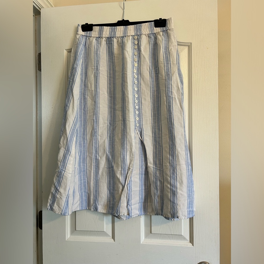 LOFT Blue and White Striped Midi Skirt